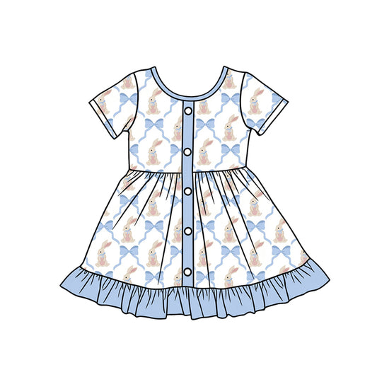 12.13 GSD3416 Pre order No Moq Baby Girls Bows Rabbits Checked Button Ruffle Easter Knee Length Dresses