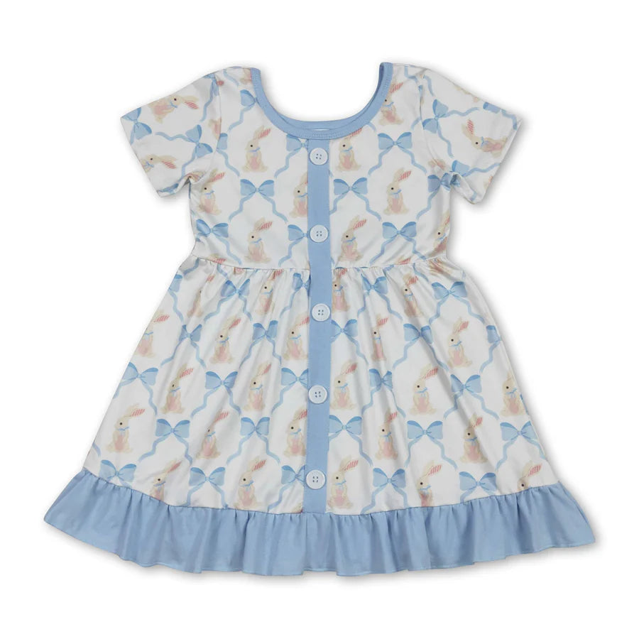 4.15 RTS Sibling Short sleeves bow rabbit ruffle girls Easter dresses