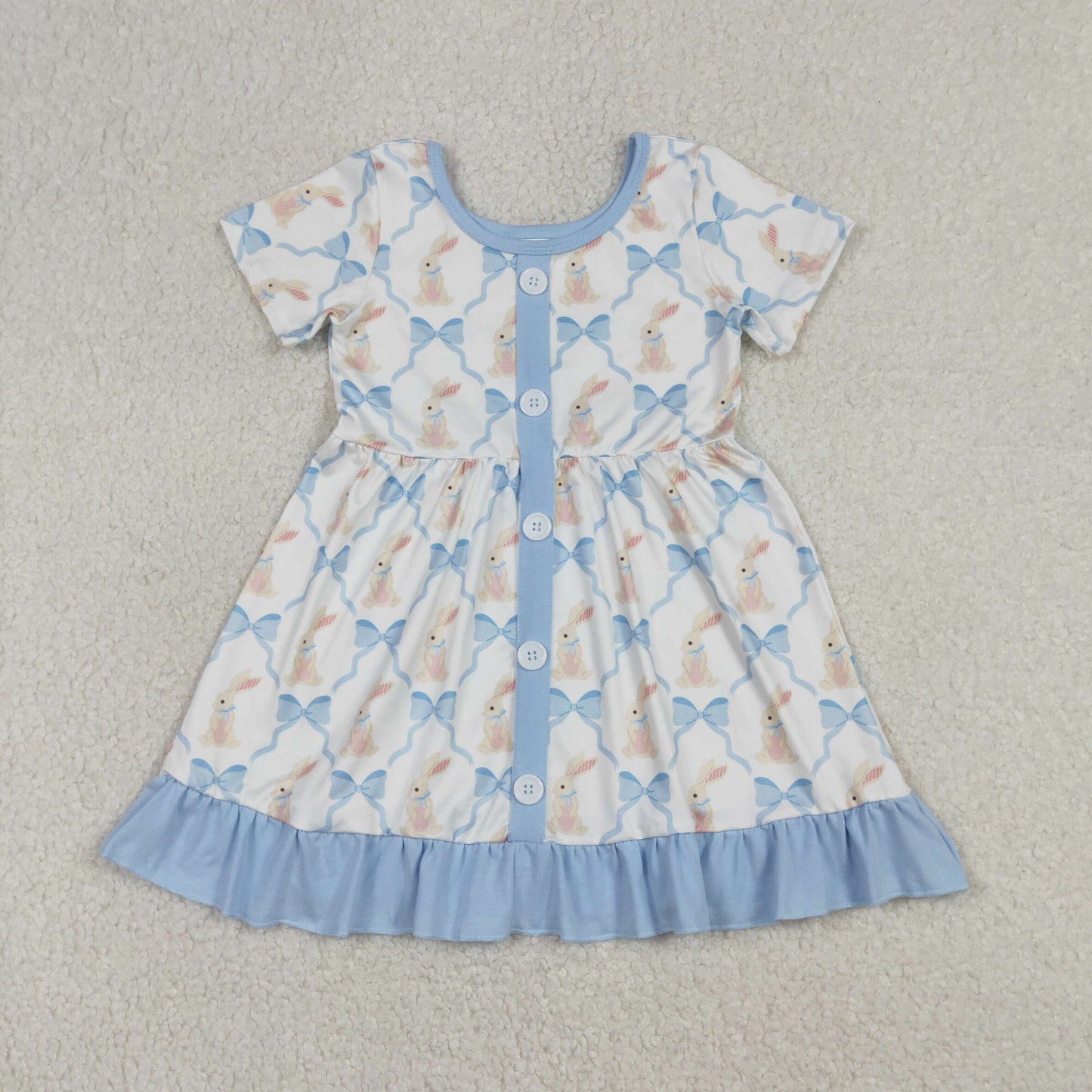 1.9 RTS NO MOQ （In stock）GSD3416 Baby Girls Bows Rabbits Checked Button Easter Ruffle Knee Length Dresses
