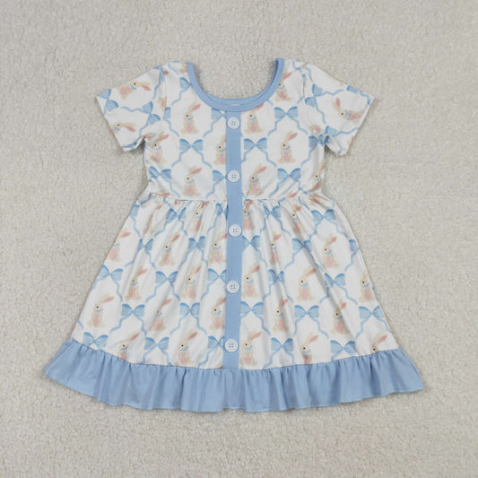 1.9 RTS NO MOQ （In stock）GSD3416 Baby Girls Bows Rabbits Checked Button Easter Ruffle Knee Length Dresses