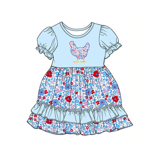 12.13 GSD3418 Pre order No Moq Baby Girls Colorful Floral Chick Farm Ruffle Knee Length Dresses