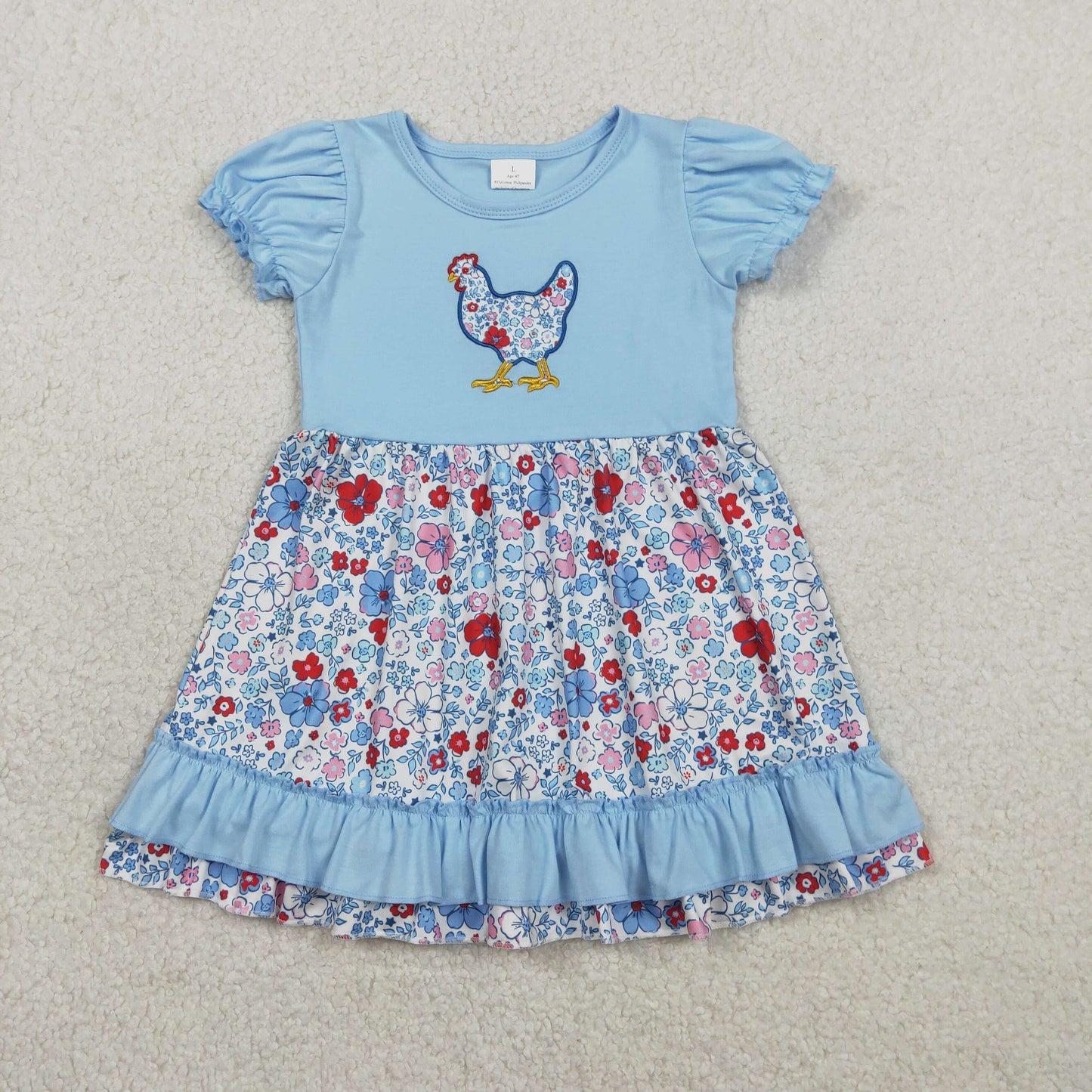 2.3 RTS NO MOQ （In stock）GSD3418 Embroidery Floral Chick Baby Girls Farm Ruffle Knee Length Dresses