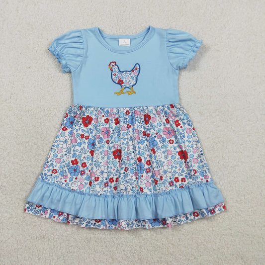 2.3 RTS NO MOQ （In stock）GSD3418 Embroidery Floral Chick Baby Girls Farm Ruffle Knee Length Dresses