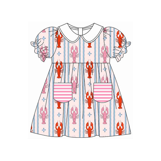 12.13 GSD3420 Pre order No Moq Baby Girls Crayfishes Stripe Collar Pockets 4th of July Knee Length Dresses