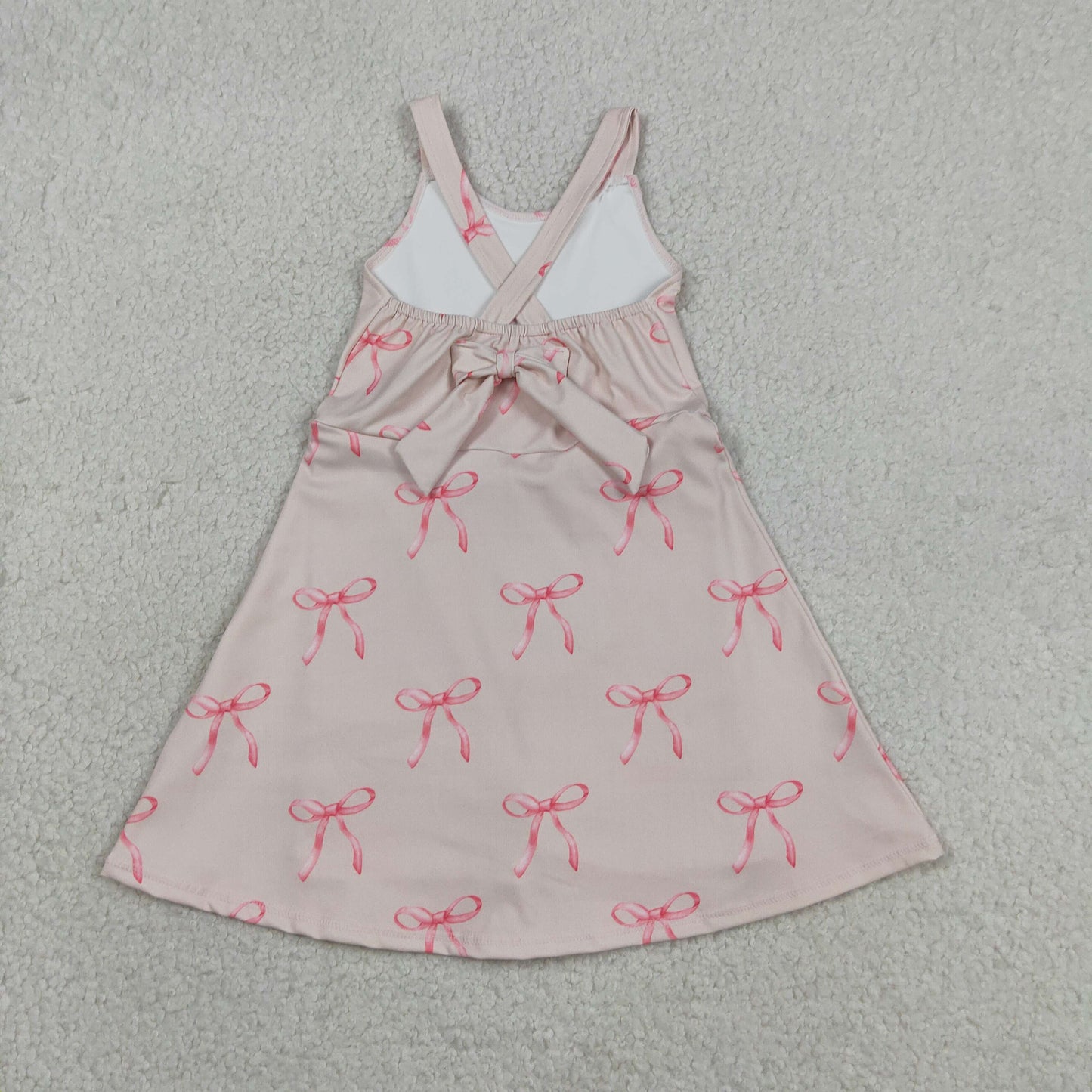 GSD3421 RTS NO MOQ （In stock ）Straps pink bow kids girls summer athletic dress