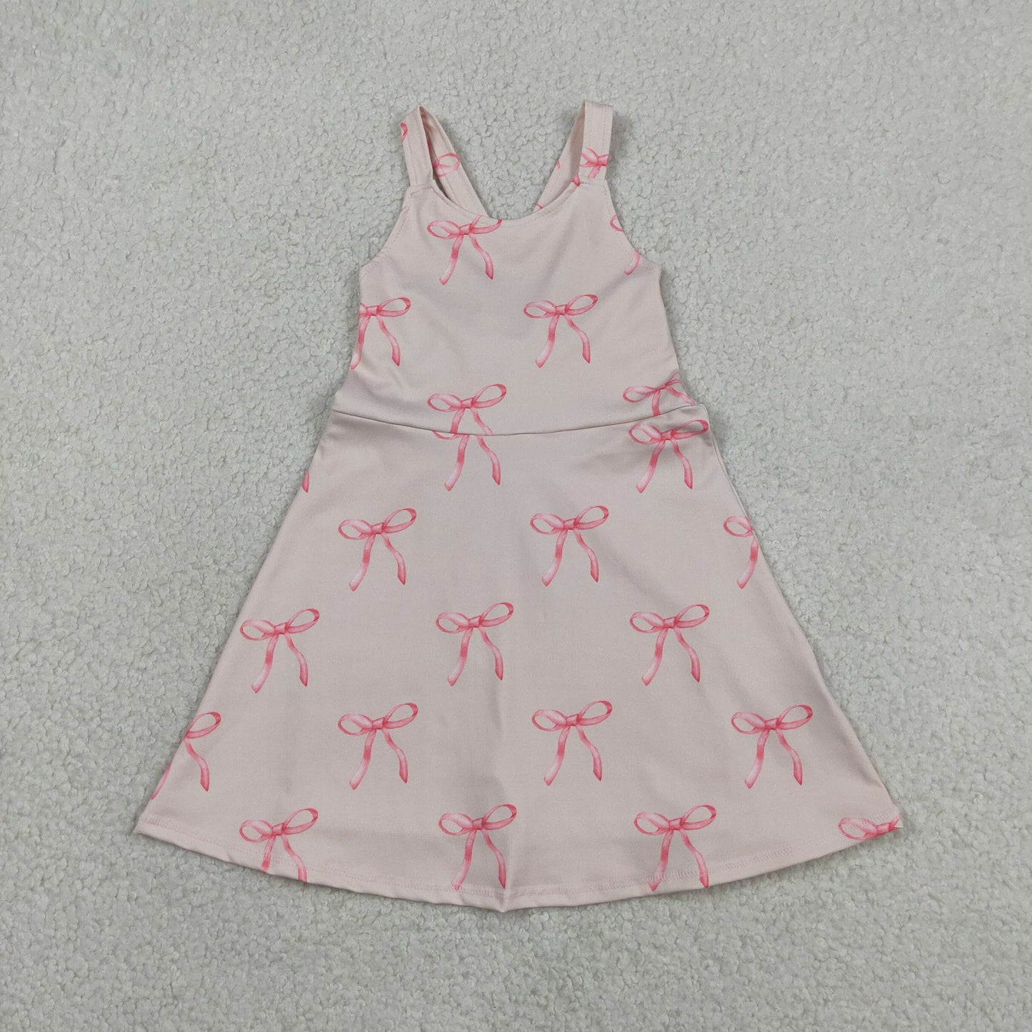 GSD3421 RTS NO MOQ （In stock ）Straps pink bow kids girls summer athletic dress