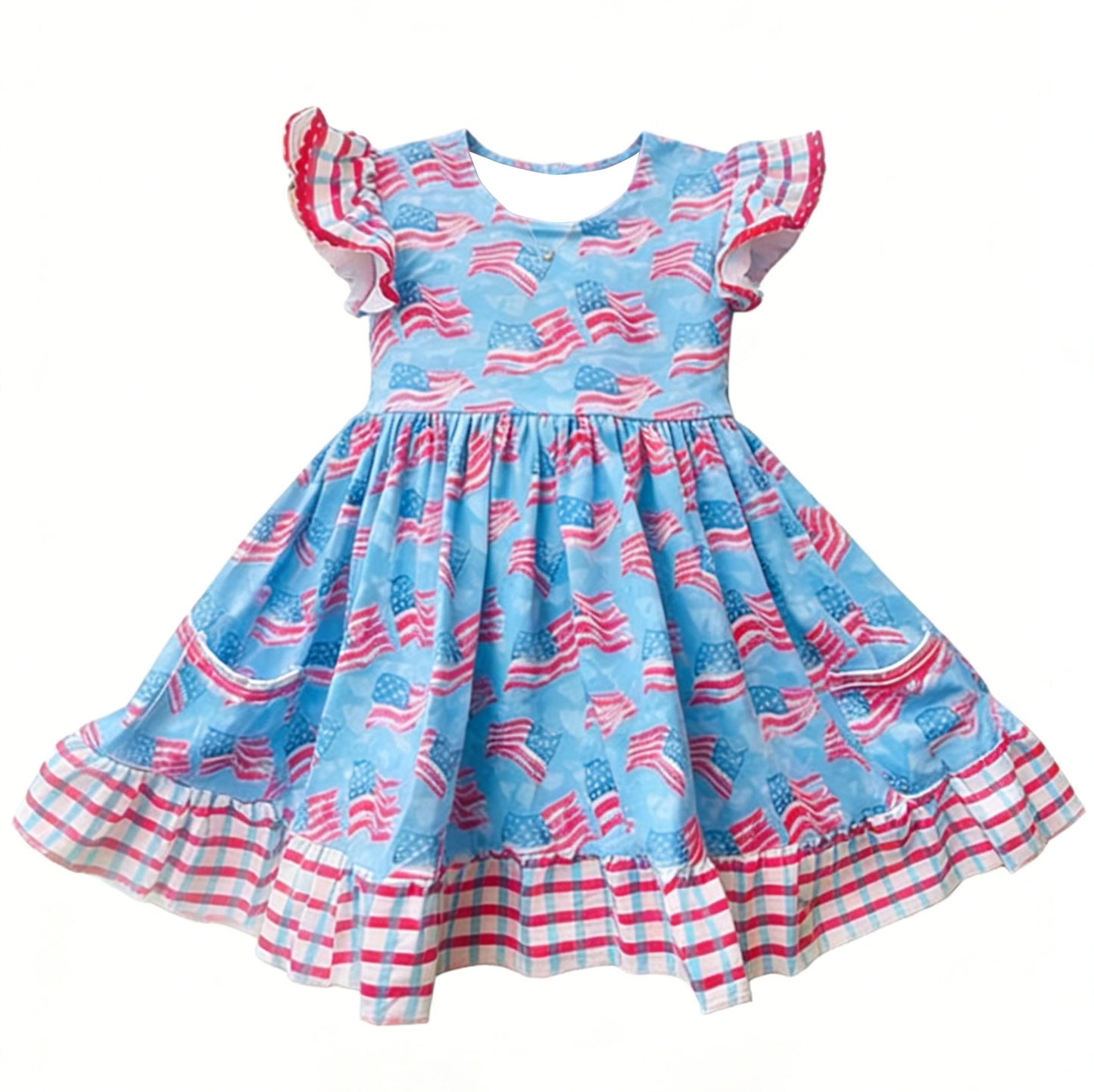 12.15 GSD3422 Pre order No Moq Baby Girls Flutter Sleeve Flags 4th of July Ruffle Knee Length Dresses