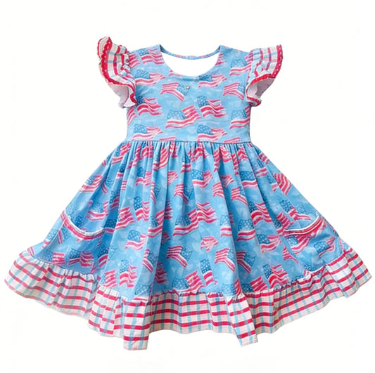 12.15 GSD3422 Pre order No Moq Baby Girls Flutter Sleeve Flags 4th of July Ruffle Knee Length Dresses