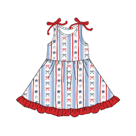 12.15 GSD3423 Pre order No Moq Baby Girls Sleeveless Bows Stars Stripe 4th of July Ruffle Knee Length Dresses
