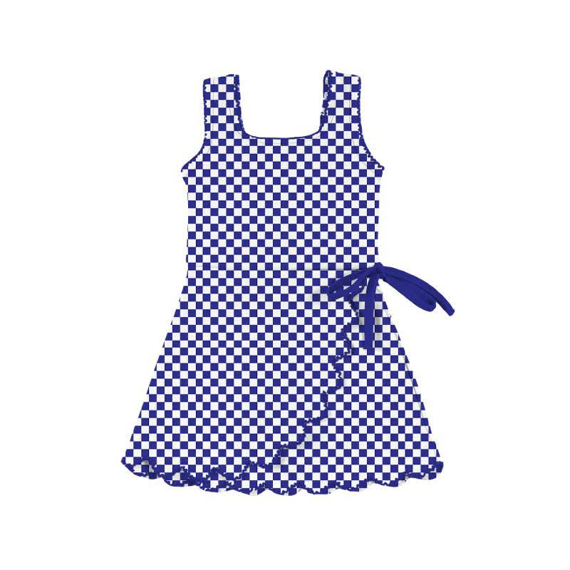12.16 GSD3426 Pre order No Moq Yoga fabric Baby Girls Purple Checked Yoga Active Ruffle Shorts Knee Length Dresses