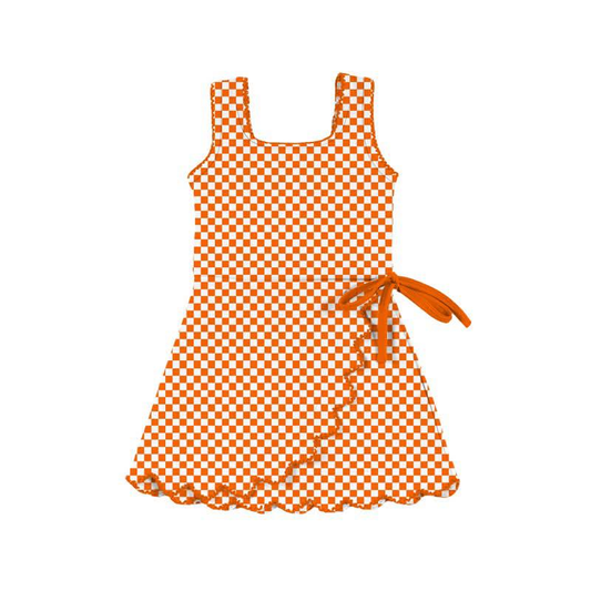12.16 GSD3428 Pre order No Moq Yoga fabric Baby Girls Orange Checked Yoga Active Ruffle Shorts Knee Length Dresses