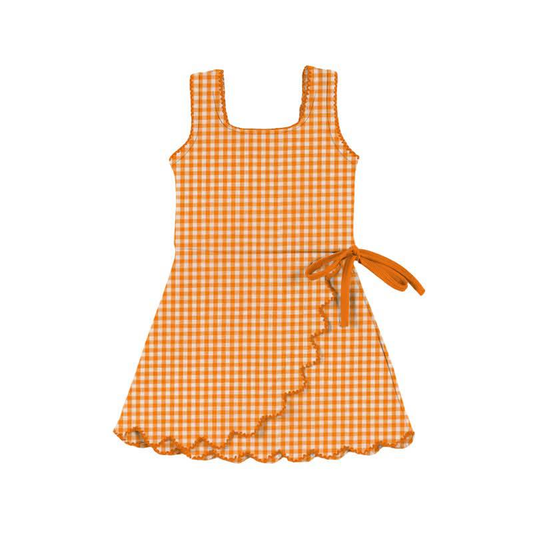 12.16 GSD3429 Pre order No Moq Yoga fabric Baby Girls Orange Checked Yoga Active Ruffle Shorts Knee Length Dresses