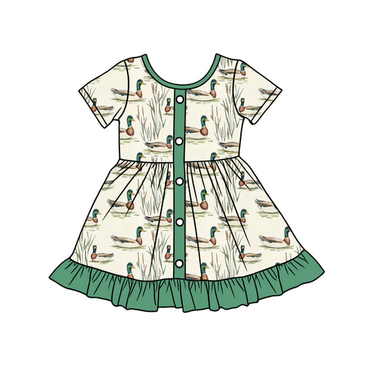 12.16 GSD3431 Pre order No Moq Baby Girls Green Ducks Button Hunting Ruffle Knee Length Dresses