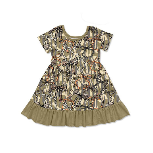 12.16 GSD3432 Pre order No Moq Baby Girls Southern Olive Camo Bows Hunting Ruffle Knee Length Dresses