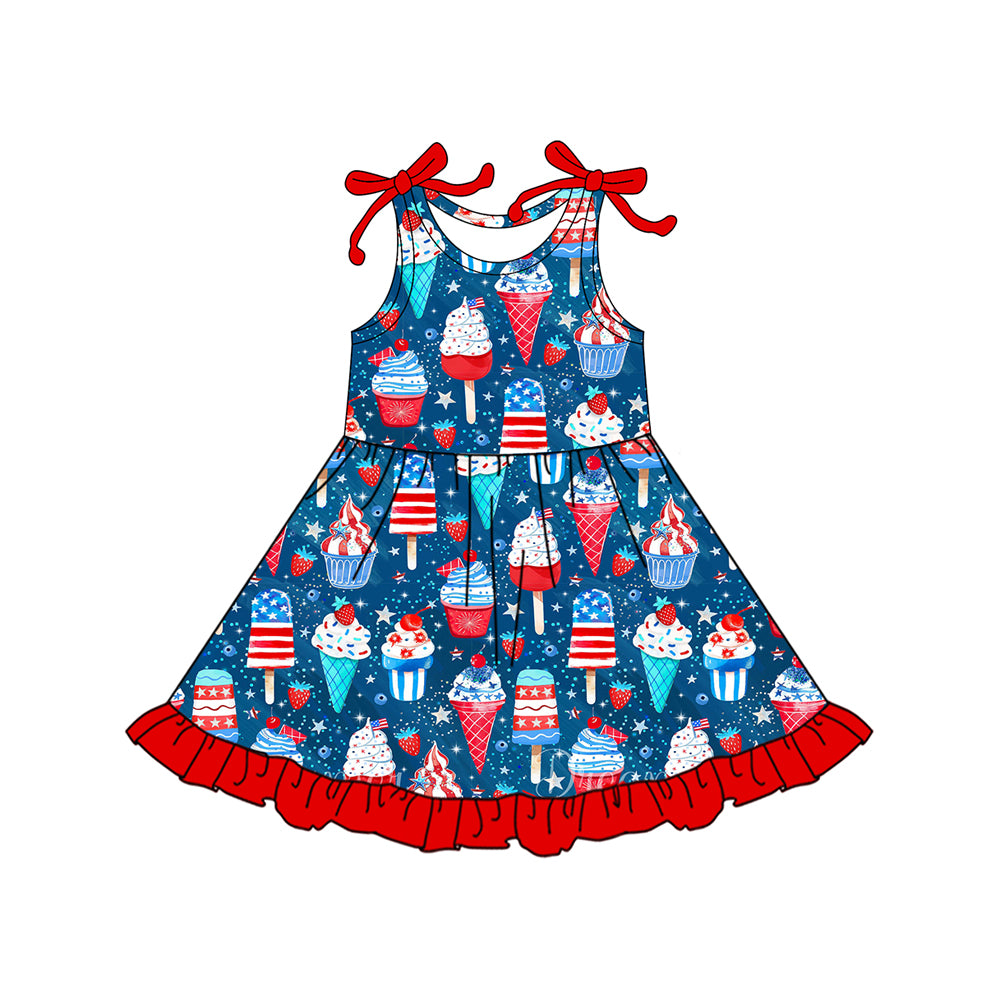12.16 GSD3434 Pre order No Moq Baby Girls Popsicle Ice Cream 4th of July Ruffle Knee Length Dresses