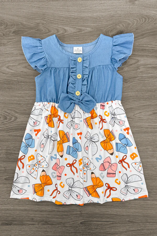 12.17 GSD3439 Pre order No Moq Baby Girls Pencil Bows Button Back to School Knee Length Dresses