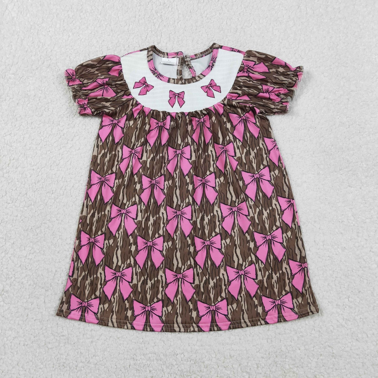 1.26 RTS NO MOQ （In stock）GSD3446 Smocked Bows Baby Girls Southern Olive Camo Knee Length Dresses