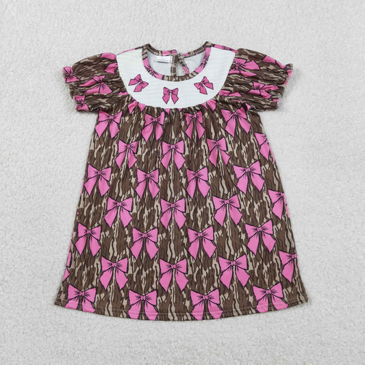 1.26 RTS NO MOQ （In stock）GSD3446 Smocked Bows Baby Girls Southern Olive Camo Knee Length Dresses