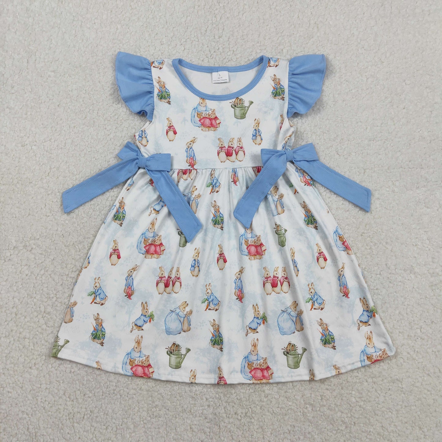 1.28 RTS NO MOQ （In stock）GSD3452 Baby Girls Flutter Sleeve Rabbits Bows Easter Knee Length Dresses