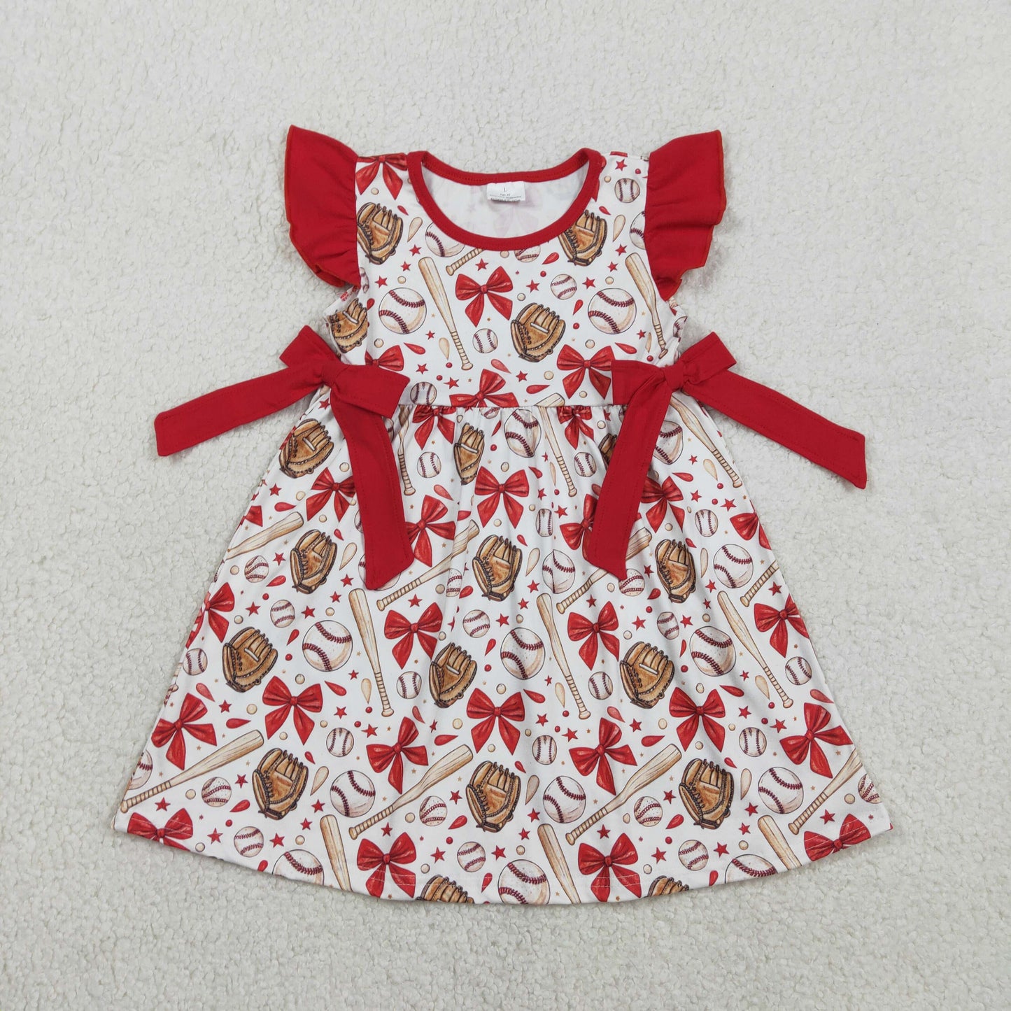 1.24 RTS NO MOQ （In stock）GSD3455 Baby Girls Flutter Sleeve Baseballs Bows Team Knee Length Dresses