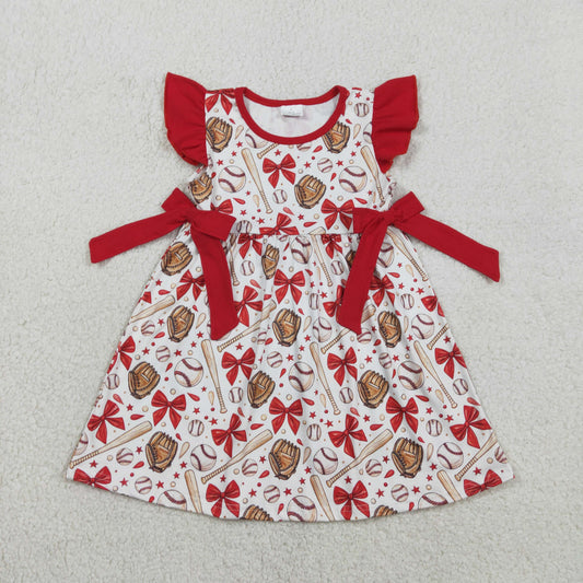 1.24 RTS NO MOQ （In stock）GSD3455 Baby Girls Flutter Sleeve Baseballs Bows Team Knee Length Dresses