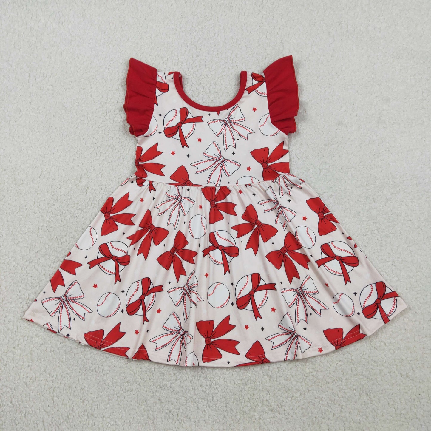2.4 RTS NO MOQ （In stock）GSD3456 Baby Girls Flutter Sleeve Baseballs Bows Team Knee Length Dresses