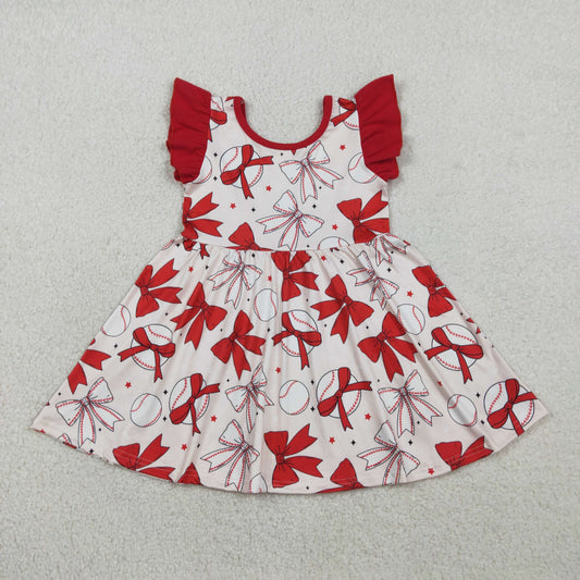 2.4 RTS NO MOQ （In stock）GSD3456 Baby Girls Flutter Sleeve Baseballs Bows Team Knee Length Dresses