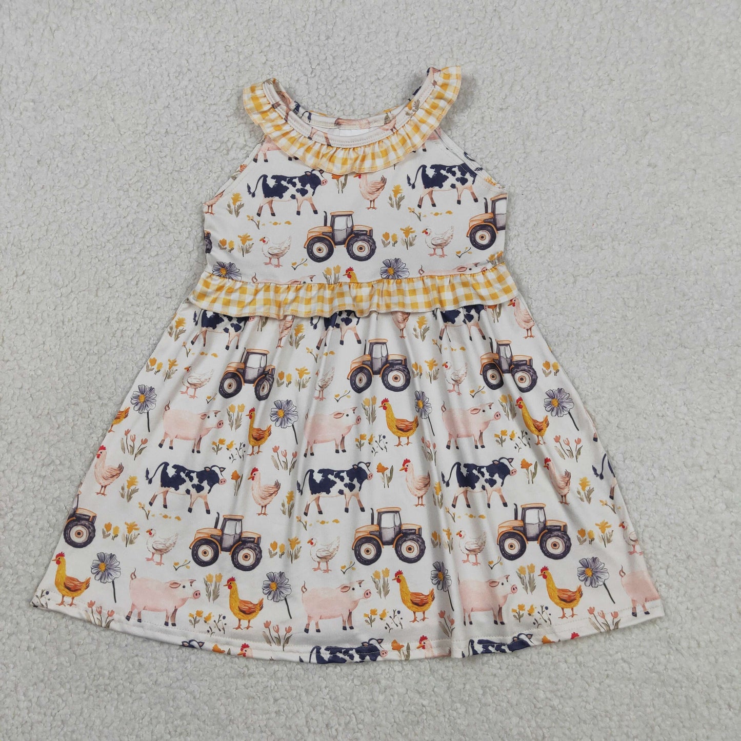GSD3476 RTS NO MOQ （In stock ）Yellow plaid ruffle farm kids girls summer dresses