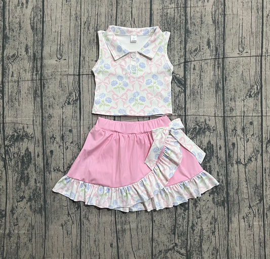 1.8 GSD3478 Sample No Moq Yoga fabric Baby Girls Pink Bows Flowers Checked Button Top Ruffle Skirt Shorts Yoga Clothes Sets
