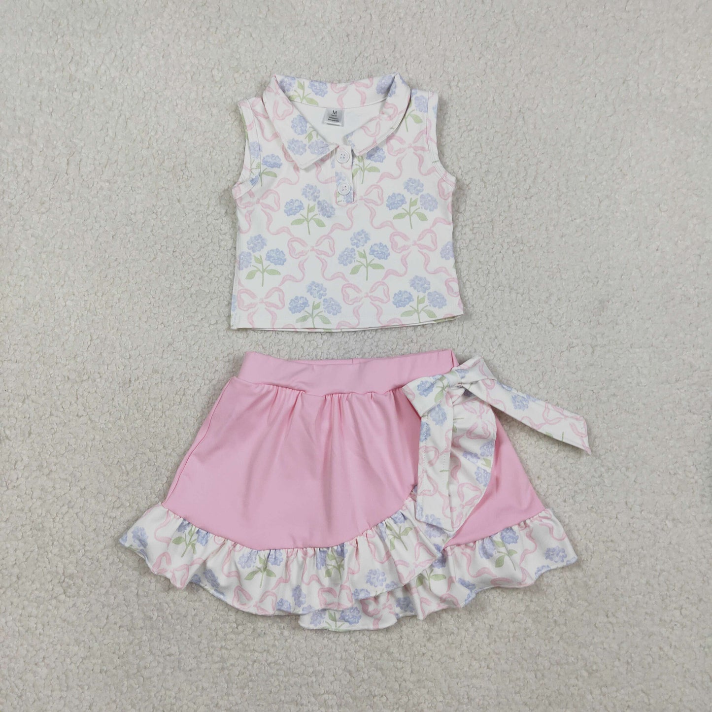 RTS NO MOQ （In stock ）Sleeveless bow floral top ruffle skirt girls activewear set
