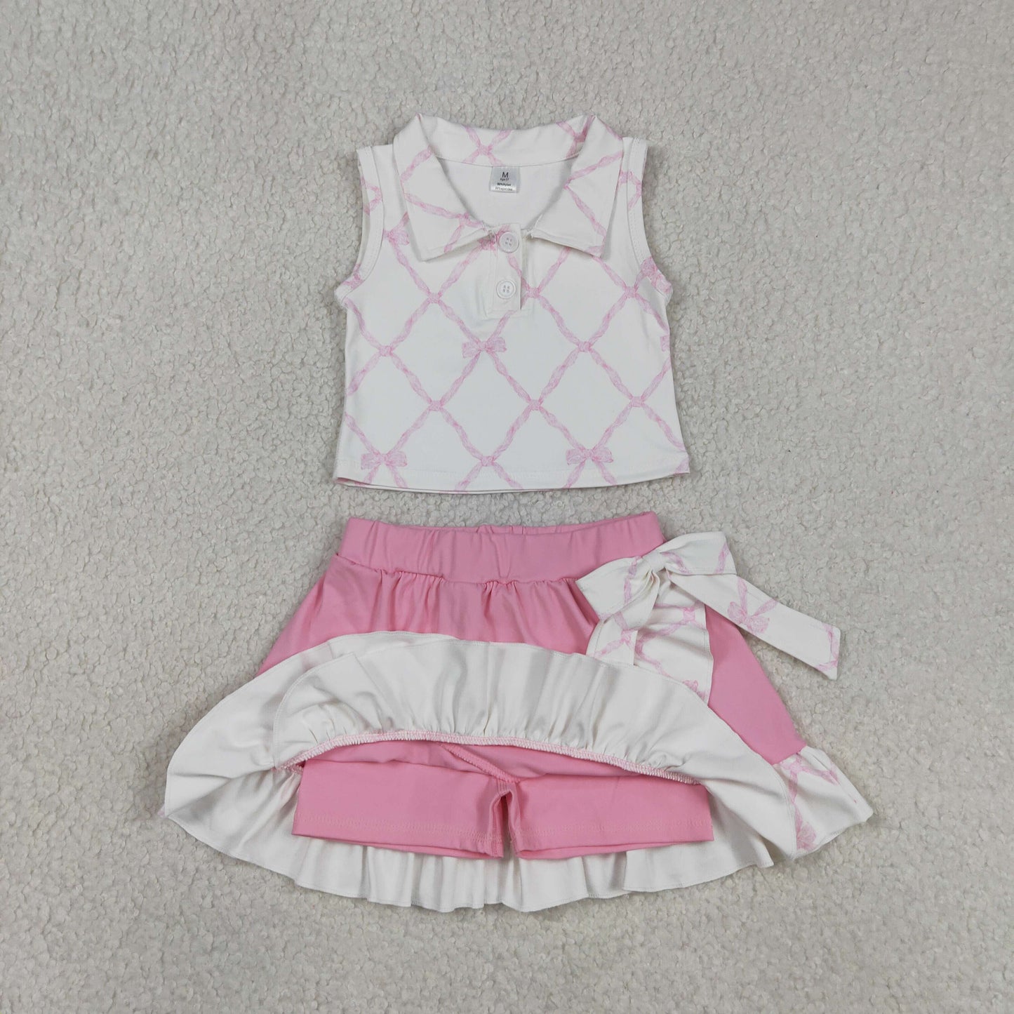GSD3479 RTS NO MOQ （In stock ）Sleeveless pink bow top ruffle skirt girls activewear set