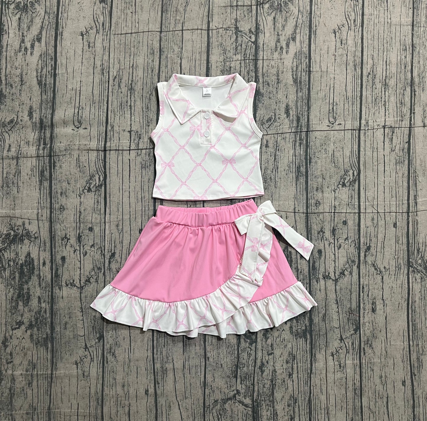 1.8 GSD3479 Sample No Moq Yoga fabric Baby Girls Pink Bows Checked Button Top Ruffle Skirt Shorts Yoga Clothes Sets