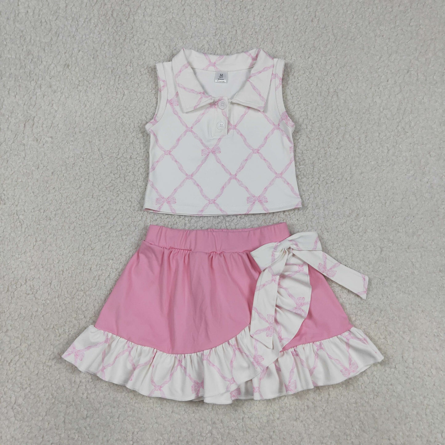 GSD3479 RTS NO MOQ （In stock ）Sleeveless pink bow top ruffle skirt girls activewear set