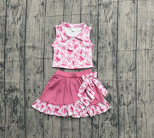 1.8 GSD3480 Sample No Moq Yoga fabric Baby Girls Pink Checked Bows Button Top Ruffle Skirt Shorts Yoga Clothes Sets