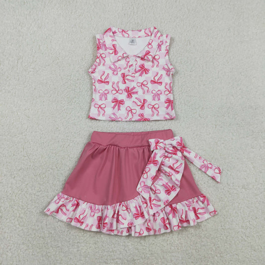1.24 RTS NO MOQ （In stock）GSD3480 Baby Girls Bows Checked Button Top Ruffle Skirt Shorts Yoga Active Clothes Sets
