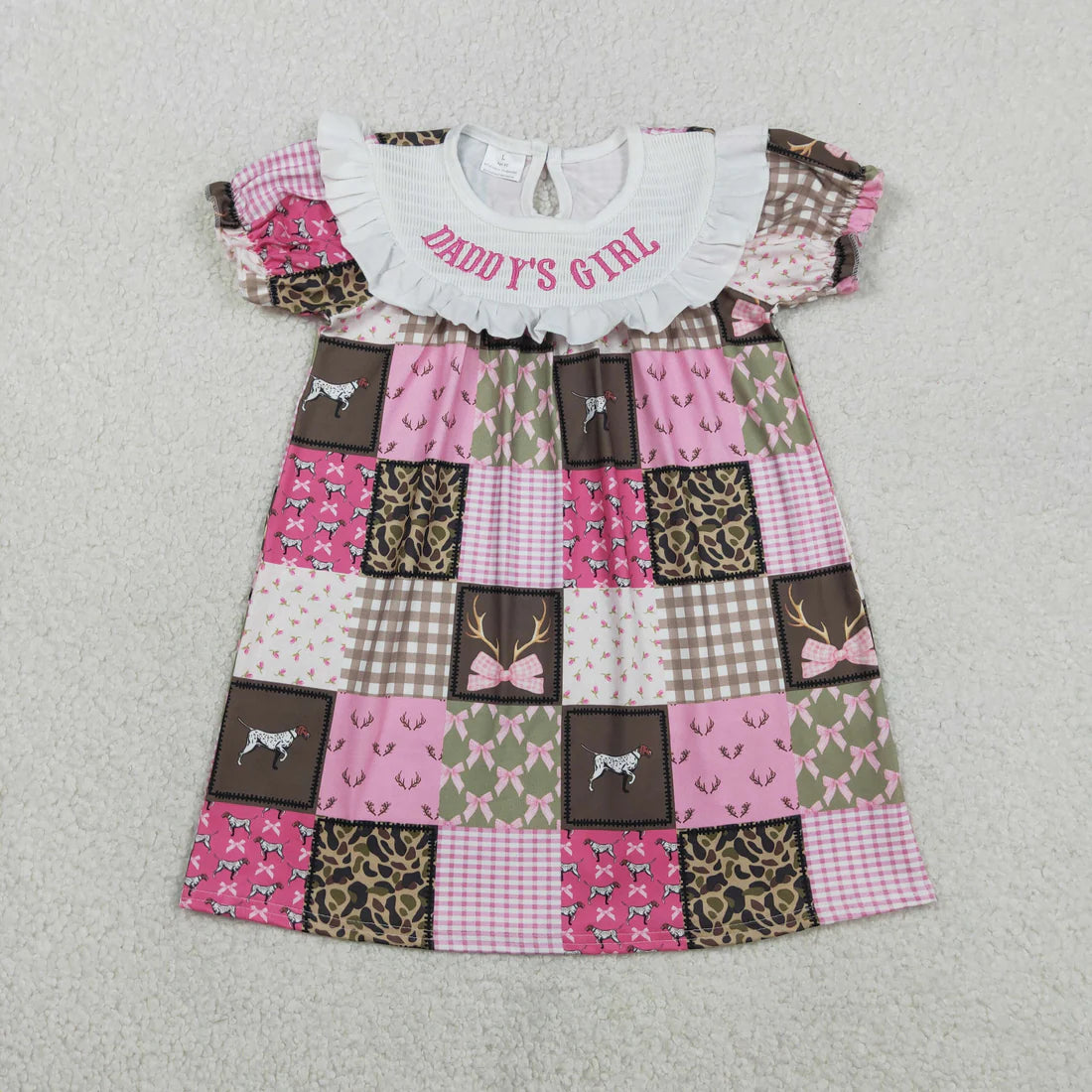 2.2 RTS Sibling Smocked Daddy's Girl Bows Deer Checked Hunting Knee Length Dress Ruffle Rompers
