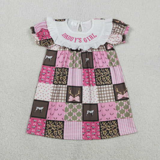 1.27 RTS NO MOQ （In stock）GSD3484 Smocked Daddy's Girls Deer Dogs Bows Checked Hunting Knee Length Dresses
