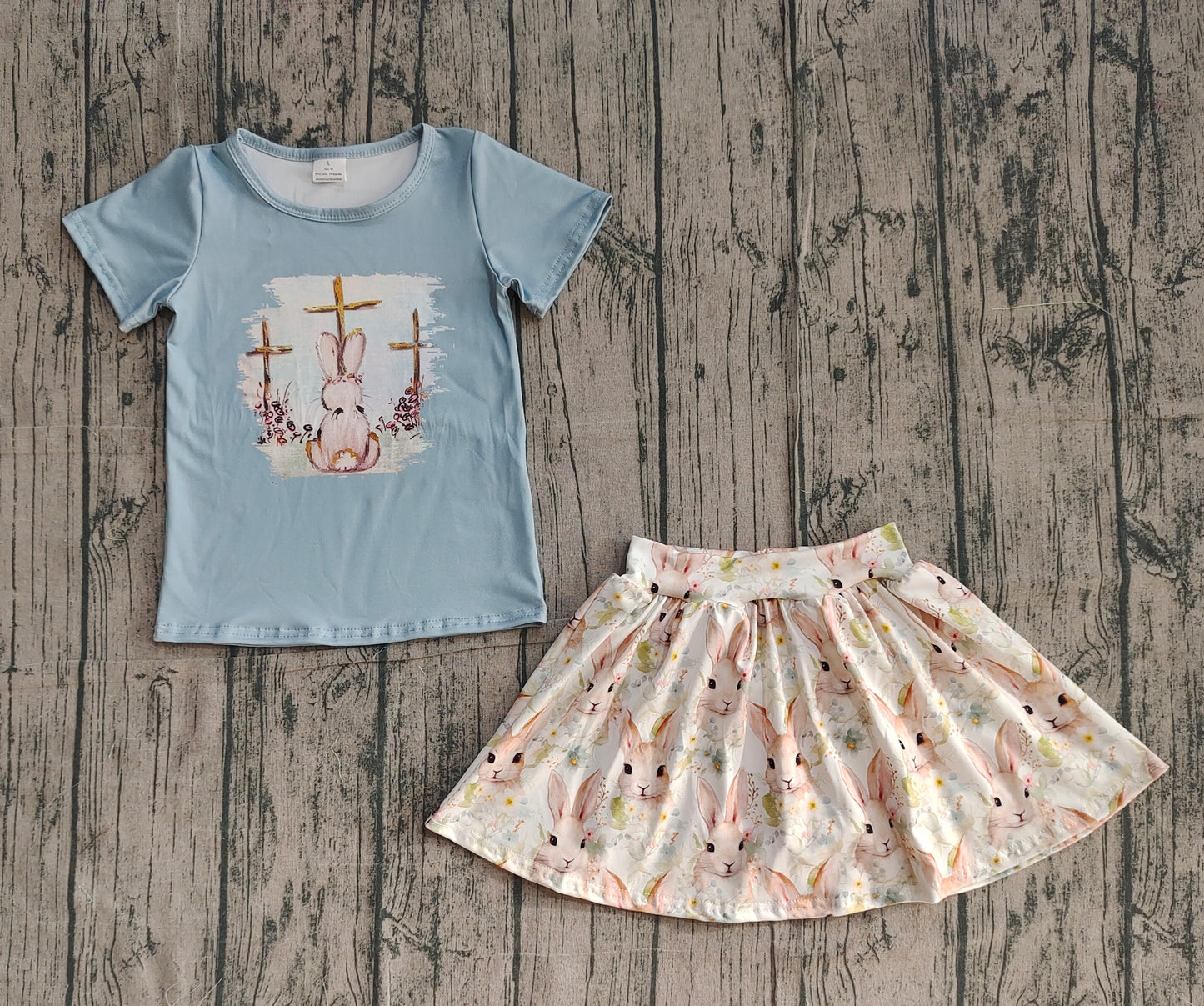 12.29 GSD3486 Sample No Moq Baby Girls Short Sleeve Crosses Rabbit Top Skirt Shorts Easter Clothes Sets