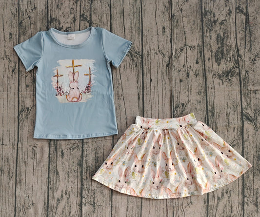 12.29 GSD3486 Sample No Moq Baby Girls Short Sleeve Crosses Rabbit Top Skirt Shorts Easter Clothes Sets