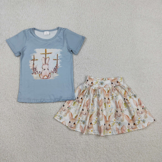 1.22 RTS NO MOQ （In stock）GSD3486 Baby Girls Short Sleeve Crosses Rabbit Top Skirt Shorts Easter Clothes Sets