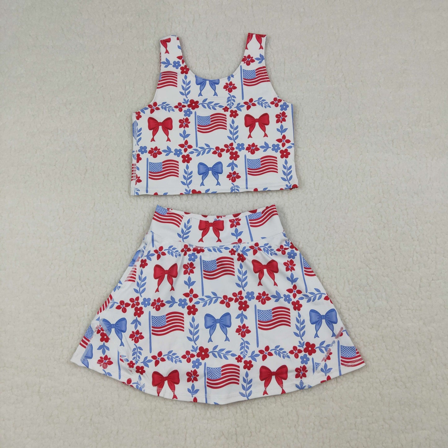 RTS NO MOQ （In stock ）Sleeveless baseball bow kids girls summer activewear set