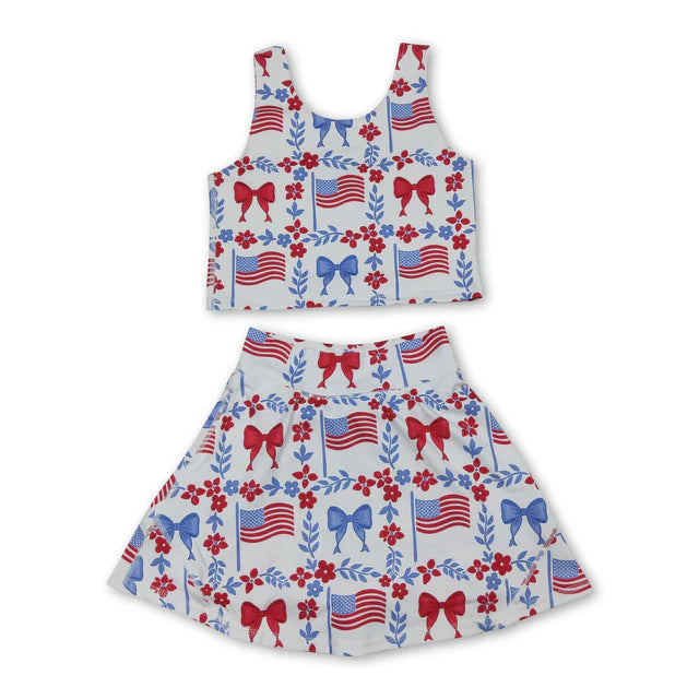 RTS Sibling Sleeveless floral bow flag top skirt girls 4th of july active set