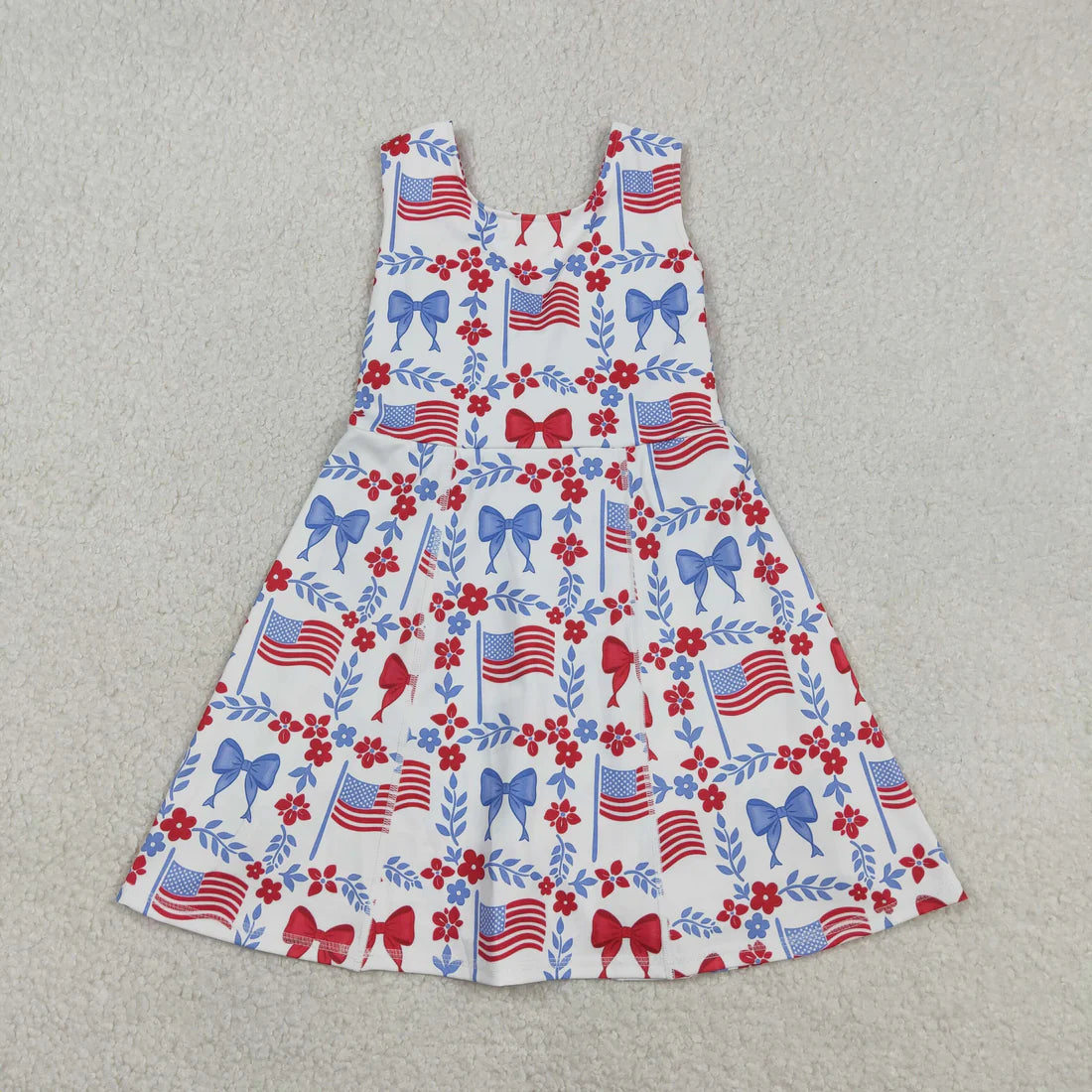 3.18 RTS Sibling Baby Girls Flag Flower Bows Checked Pockets Short 4th of July Clothes Set Active Dresses