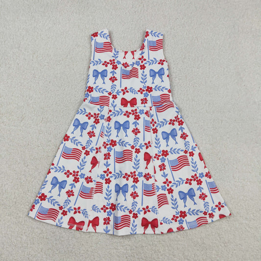 3.10 RTS NO MOQ （In stock）GSD3639 Kids Fashion Clothes Baby Girls Sleeveless Flower Flags 4th of July Yoga Active Shorts Knee Length Dress