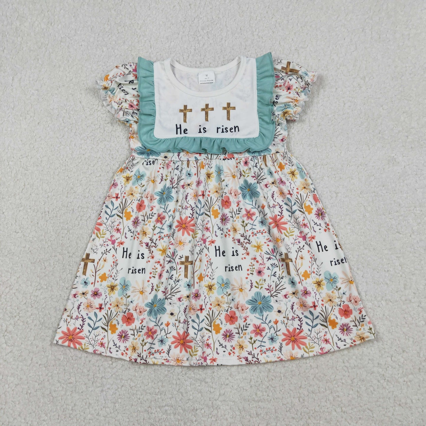 1.16 RTS NO MOQ （In stock）GSD3504 Baby Girls Crosses He is Risen Flowers Easter Knee Length Dresses