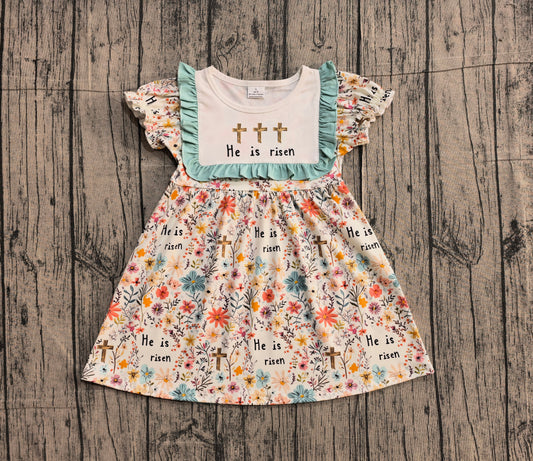 1.7 GSD3504 Pre order No Moq Baby Girls Crosses He is Risen Flowers Easter Knee Length Dresses