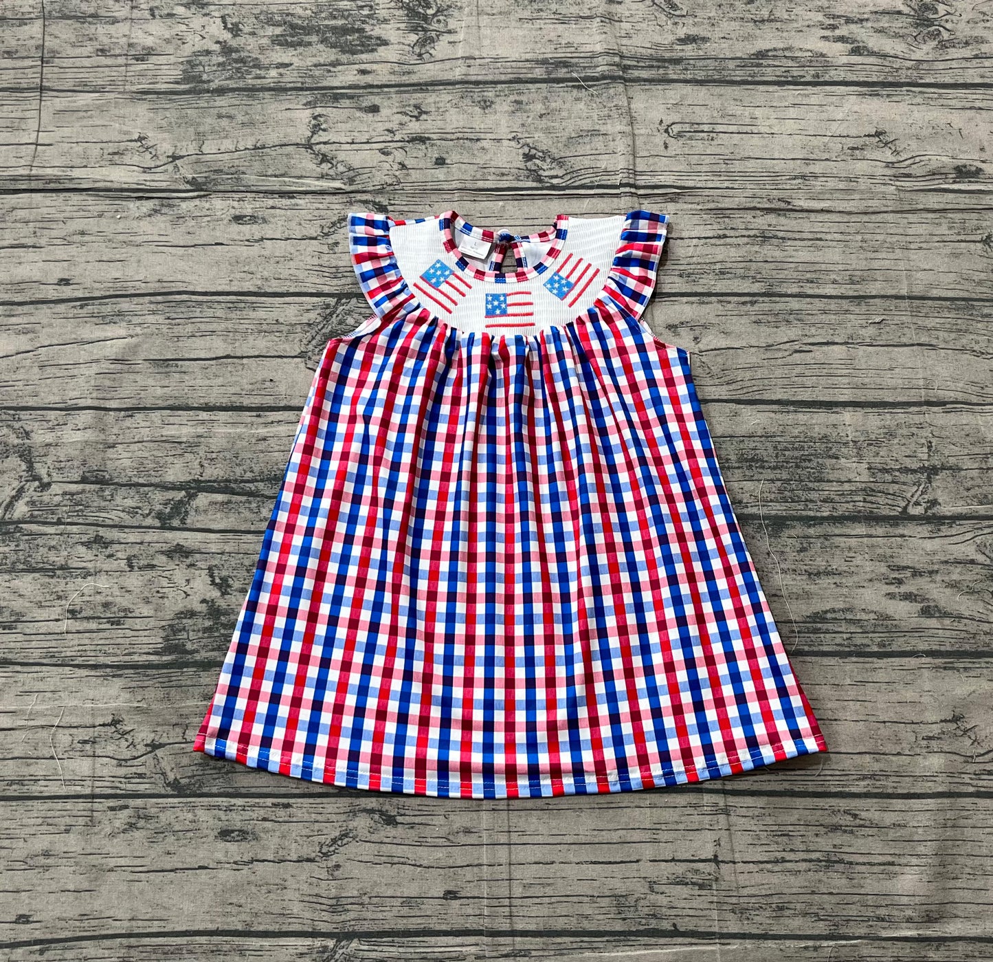 1.5 GSD3506 Pre order No Moq Baby Girls Red Blue Checked Flags 4th of July Ruffle Knee Length Dress