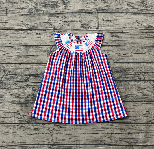 1.5 GSD3506 Pre order No Moq Baby Girls Red Blue Checked Flags 4th of July Ruffle Knee Length Dress