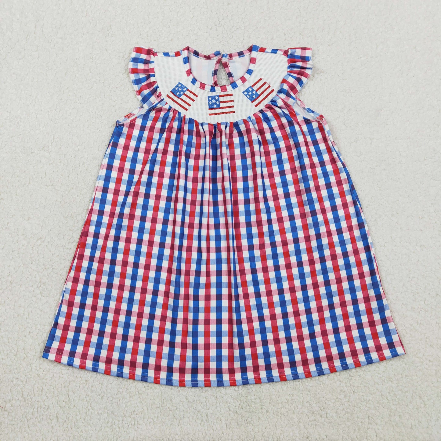 2.2 RTS NO MOQ （In stock）GSD3506 Baby Girls Smocked Flags Red Blue Checked 4th Of July Knee Length Dresses