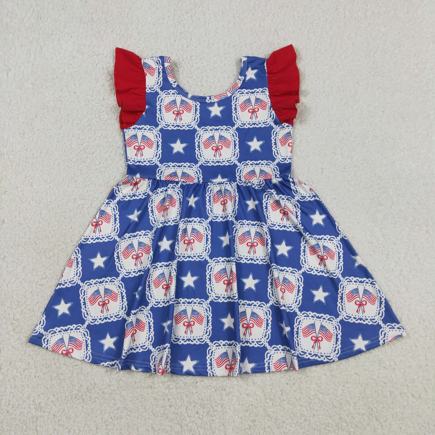 GSD3514 RTS NO MOQ （In stock ）Flutter sleeves flag bow stars girls 4th of july dresses